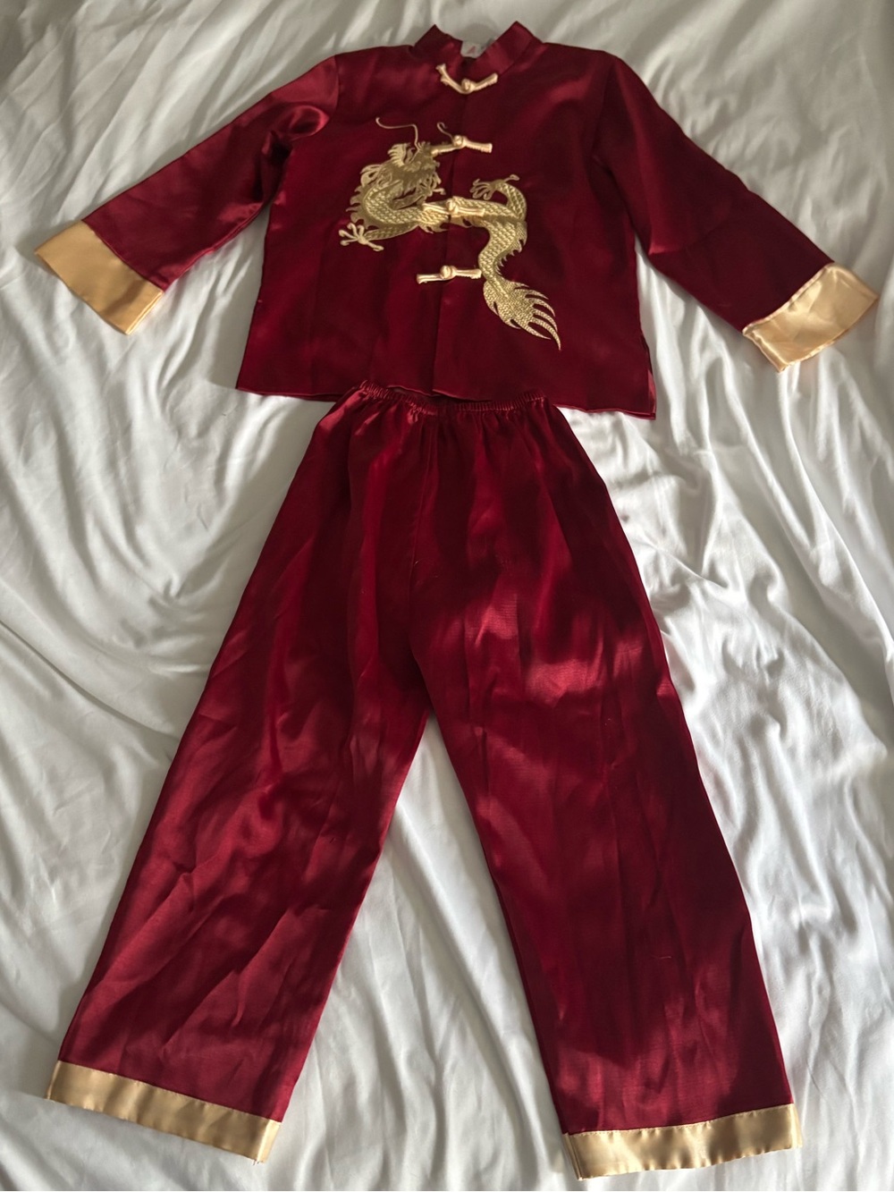 Red Satin Two-Piece Set with Gold Dragon Embroidery